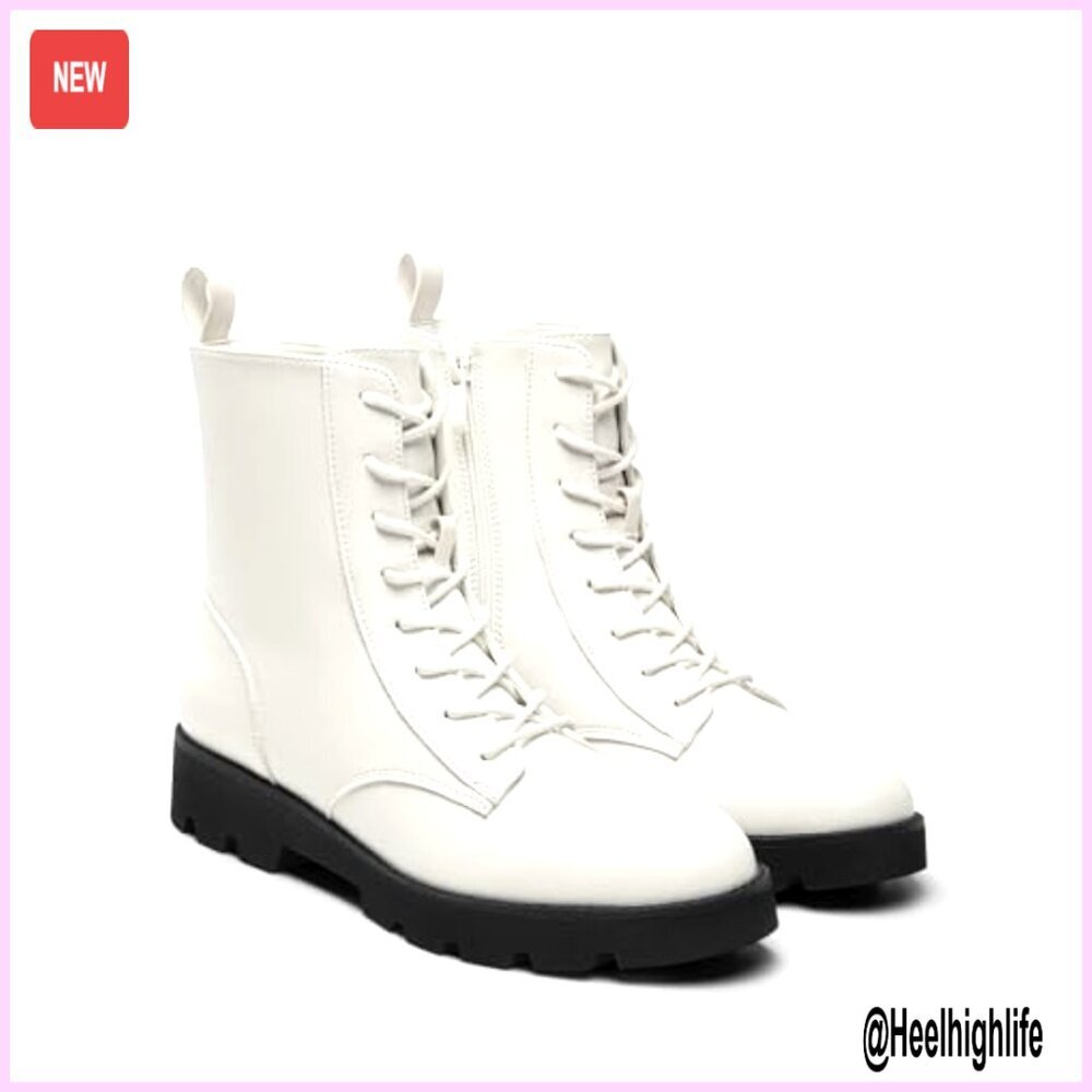 Women's Combat Ankle Boots Lug Sole Lace Up Side Zipper Vegan Leather - Picture 4 of 7